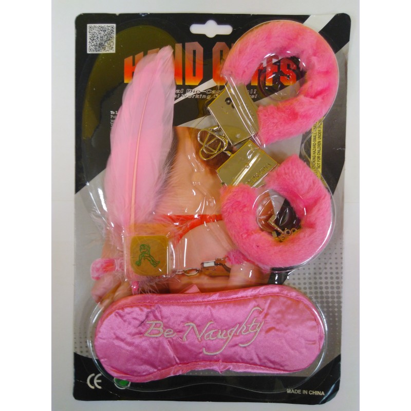 BDSM KIT CON MANETTE, MASCHERA, PIUME E DADO - COLORE ROSA